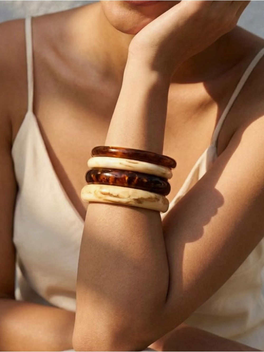 4Pcs Stacked Brown and Cream Acrylic Bangle Set